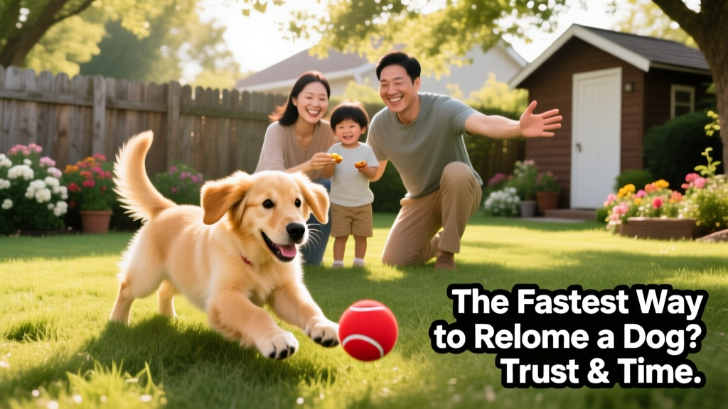 A joyful dog playing in a sunlit backyard with their new adoptive family, showing clear signs of comfort and bonding