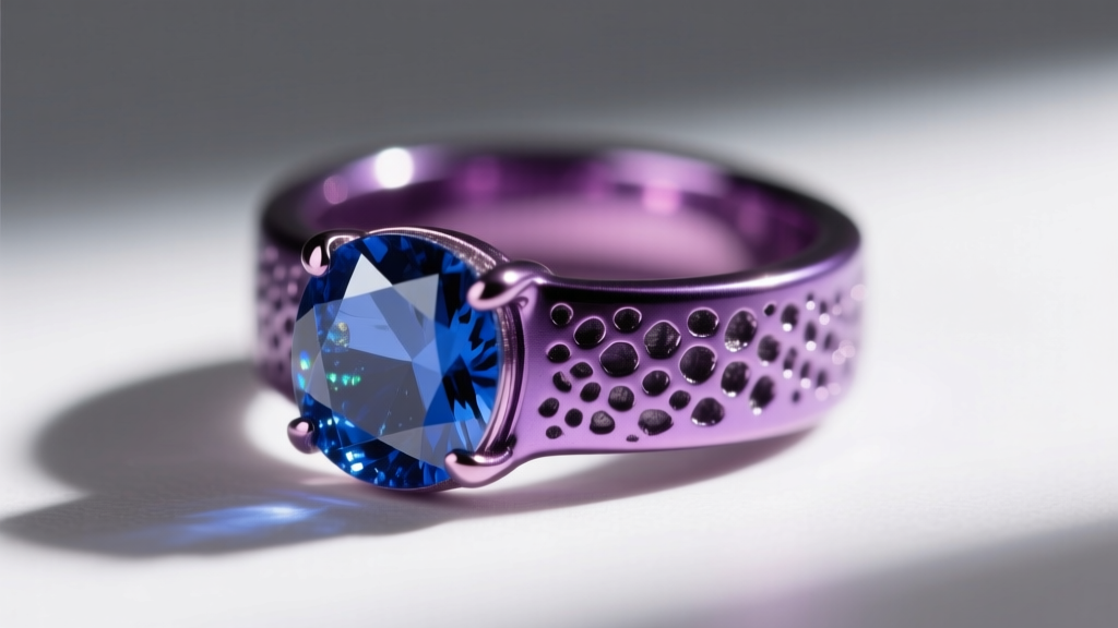 Macro shot of an anodized purple niobium ear cuff with a rough-cut sapphire, highlighting the porous texture and vibrant metal