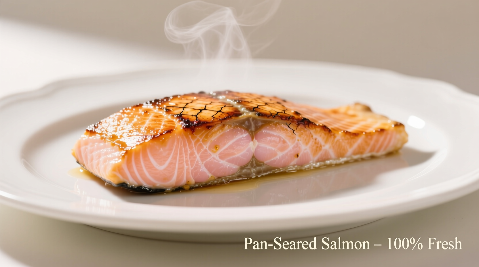 Perfectly pan-seared salmon with crispy skin on white plate