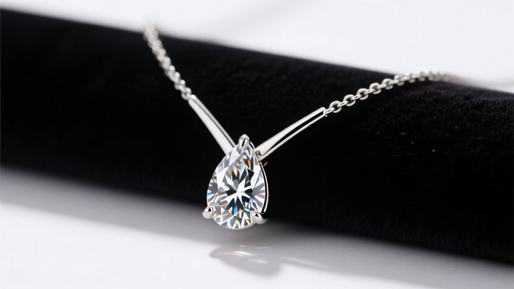 A 1.5-carat tear drop diamond necklace on dark velvet, showing the sharp brilliance and delicate white gold V-prong setting