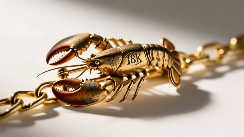 Vintage lobster clasp on a gold chain, showing an 18K hallmark and light patina indicating age, authenticity, and years of use.