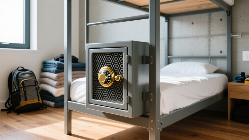 Wire mesh anti-theft portable safe secured with a combination padlock around a metal bed frame inside a budget backpacker hostel dorm room