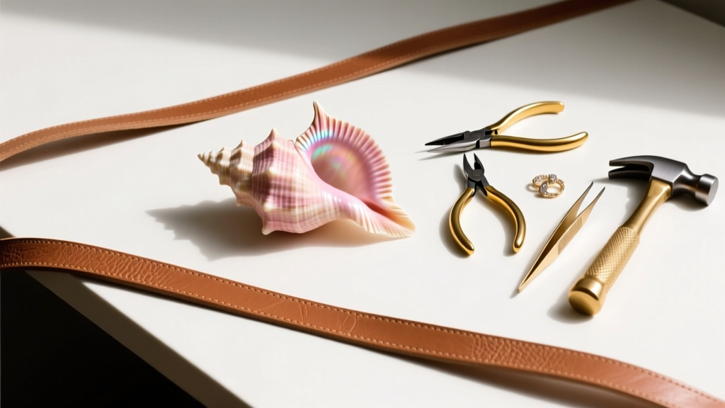 Overhead view of a desk showing thin vegetable tanned leather strips, a pink conch shell, and brass jewelry making hand tools.