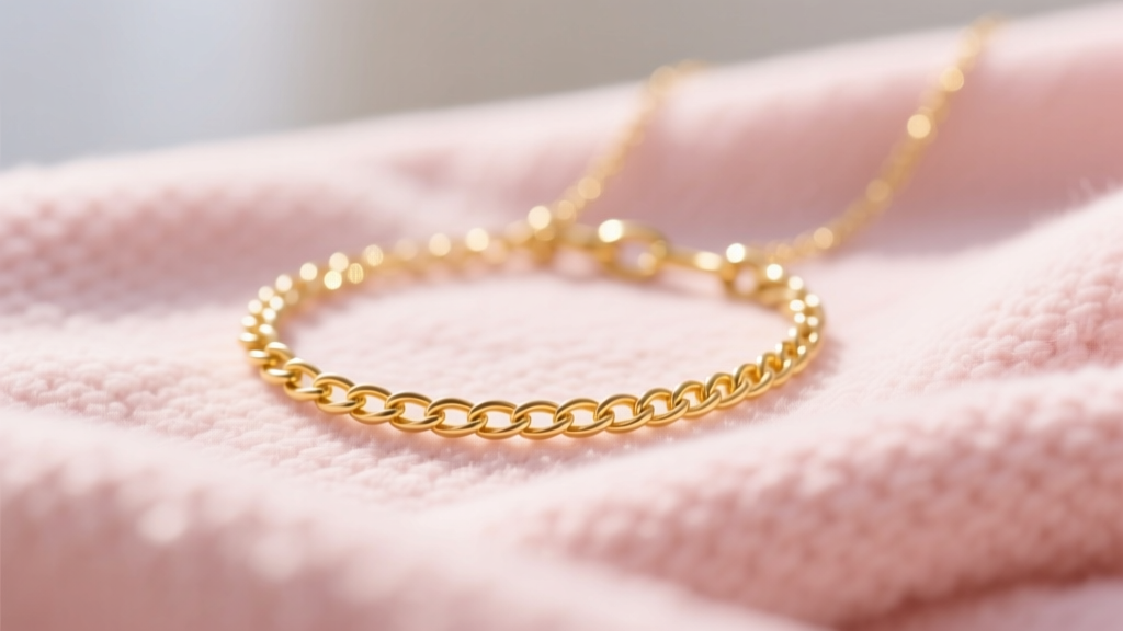 Delicate 14k yellow gold baby cable chain necklace resting on a soft pastel pink cotton blanket in bright natural light.