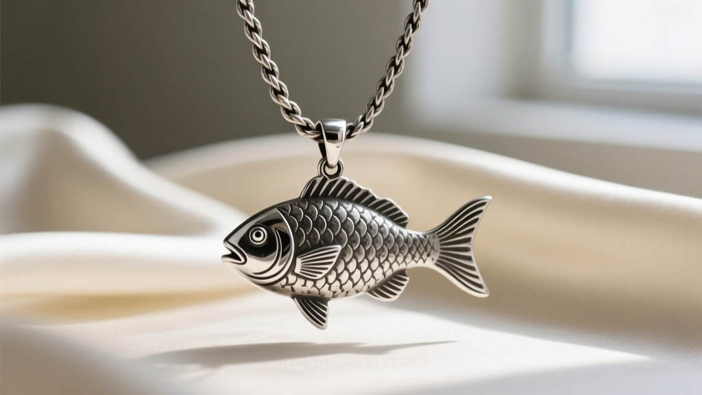 Oxidized sterling silver fish necklace pendant hanging from a thick rope chain showcased against a soft cream silk fabric background