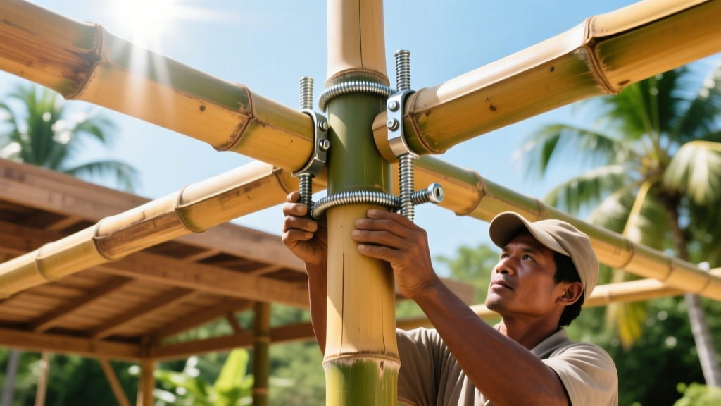 Builders securing a thick Guadua bamboo crossbeam to a vertical post using stainless steel threaded rods on a sunny outdoor pavilion site