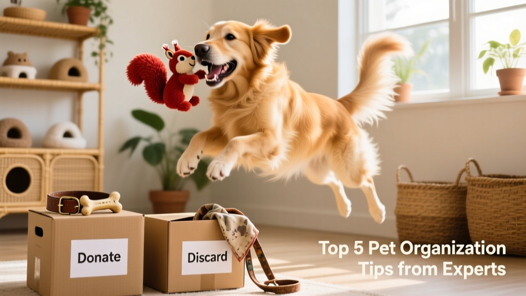 A dog enthusiastically playing with a favorite toy while ignored items—like an old collar and dusty chew bone—are set aside in labeled donation and discard boxes