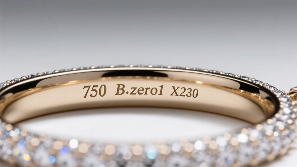 Close-up of the 750 hallmark and serial number engraved on the inner band of an 18k white gold B.zero1 diamond pave necklace.
