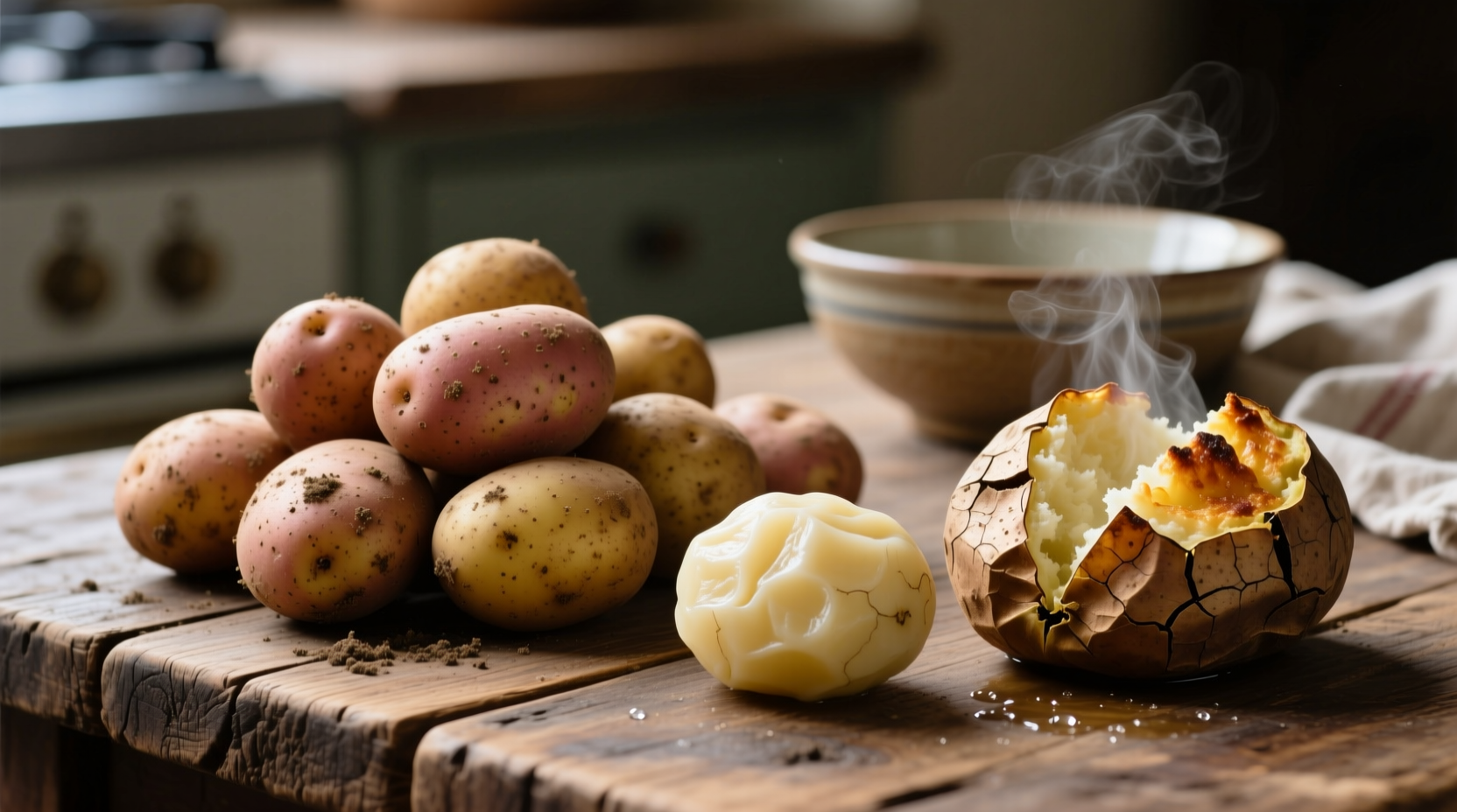 Raw potatoes next to boiled and baked preparations showing visual differences