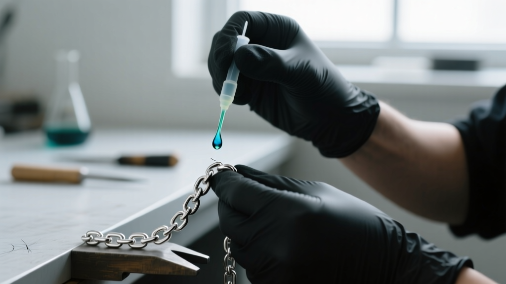 Jeweler applying nitric acid testing solution to a discreet scratch on a silver chain link to verify the 925 sterling purity