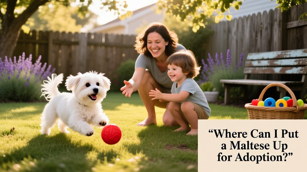 A Maltese playing happily in a sunlit backyard with a smiling adult and child