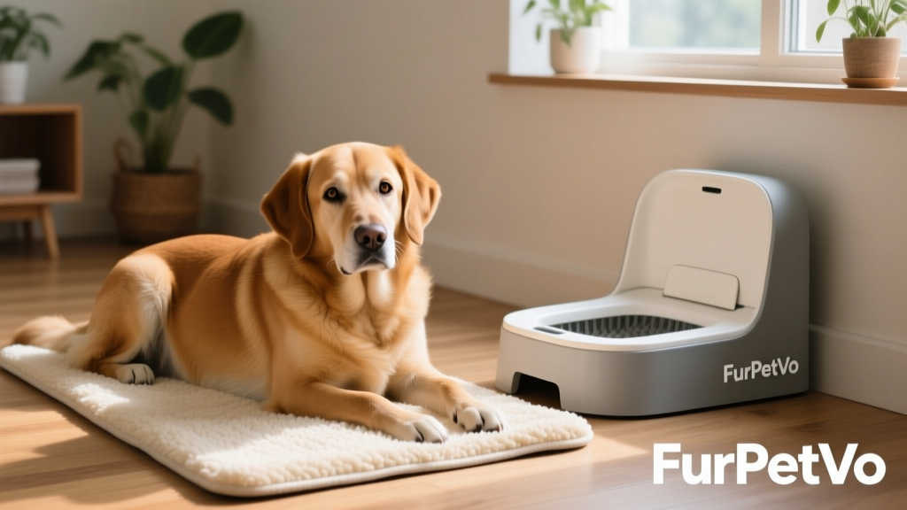 A calm, mature dog resting comfortably on a soft mat beside a FurPetVo indoor potty pad setup