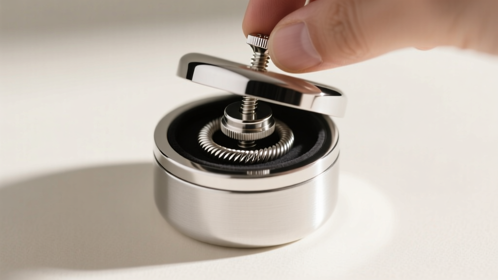 Polished platinum jewelry box ring with a screw-top bezel being twisted open by a thumb, showcasing precise threading details.