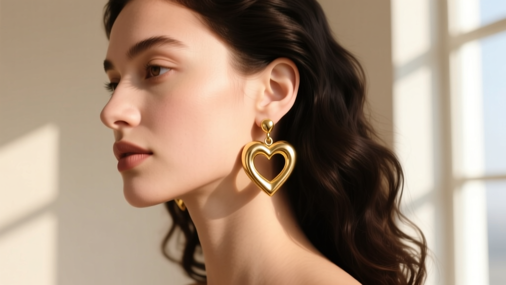Side profile of a woman wearing hollow 14k gold puffy heart drop earrings, showing the lightweight drape on her bare earlobe.