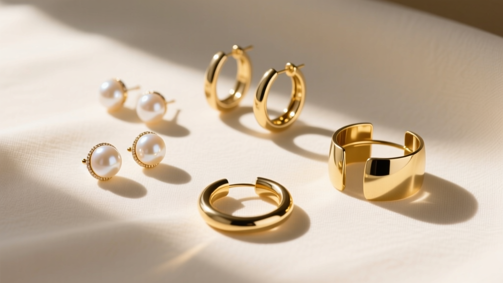 Flat lay on cream linen showing pearl studs, gold hoops, and ear cuffs, lit by warm directional sunlight from the left side.