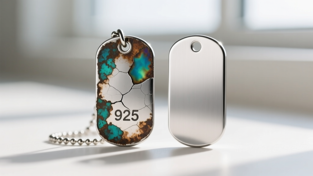 Macro shot comparing tarnished 925 silver dog tag next to pristine Grade 5 titanium tag, showing surface oxidation details.