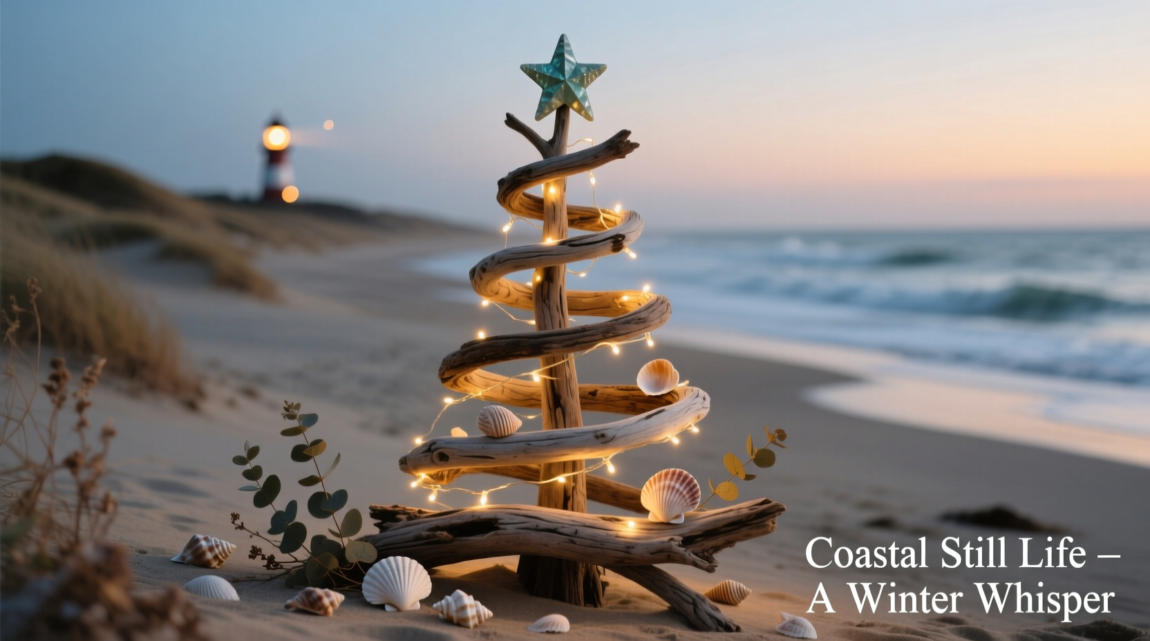 how to make a christmas tree from driftwood and fairy lights for coastal vibes