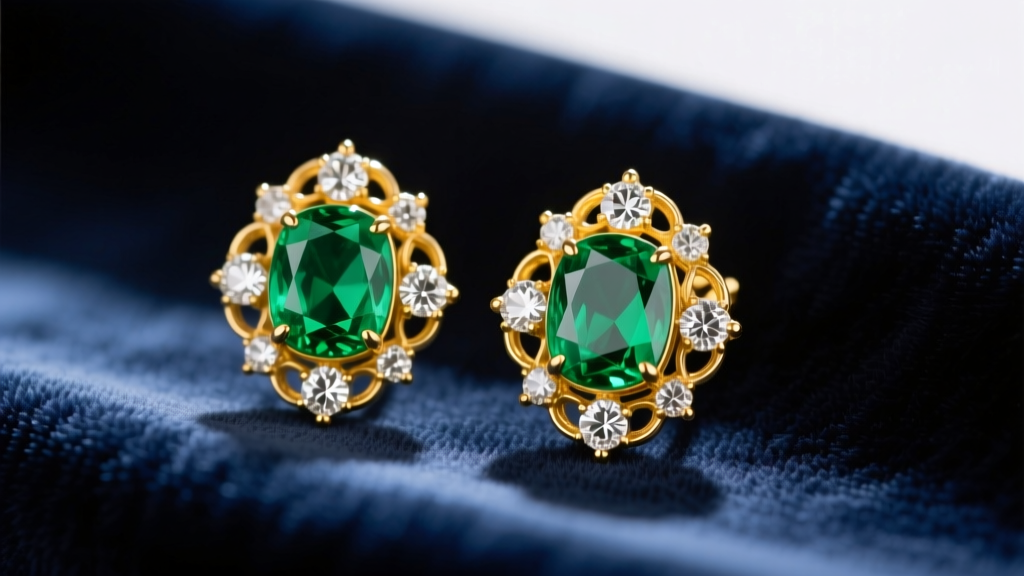 Close-up of Victorian antique emerald earrings with rose-cut diamonds set in 15k yellow gold, resting on dark navy velvet fabric