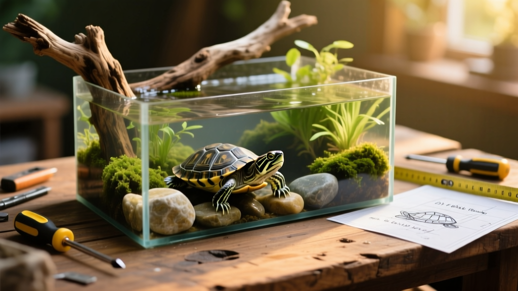 A completed DIY turtle tank showing a naturalistic setup with wood, rocks, water, and greenery