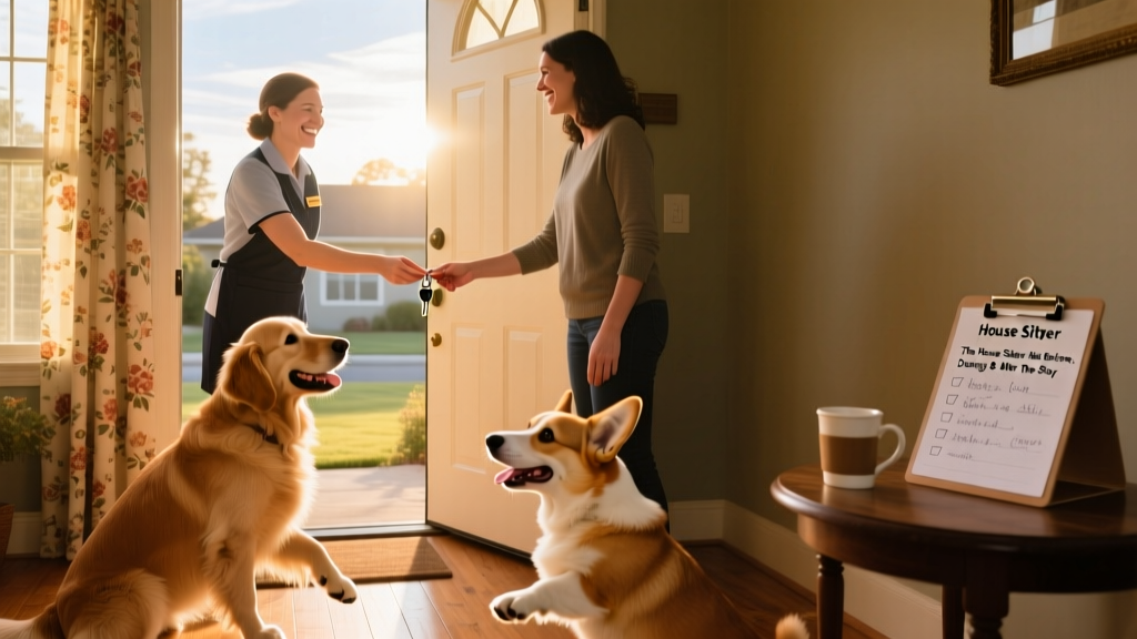 A smiling house sitter handing over keys to a relieved pet parent at the front door, with two dogs happily wagging nearby