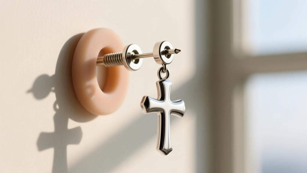 Macro photo of a silicone earring back and a metal screw-back clutch holding a heavy silver inverted cross drop earring post.