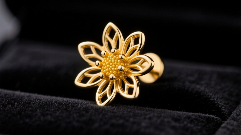Macro shot of a 14k yellow gold aster birth flower stud earring, highlighting intricate petal veining against dark velvet.