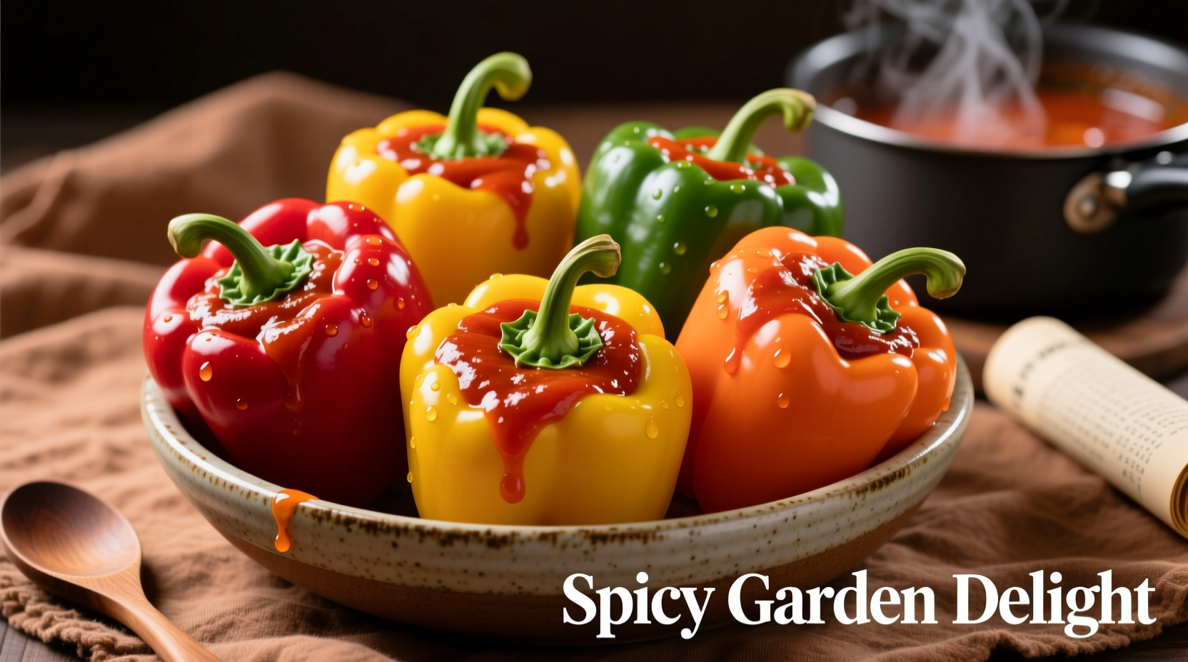 Colorful stuffed bell peppers in tomato sauce