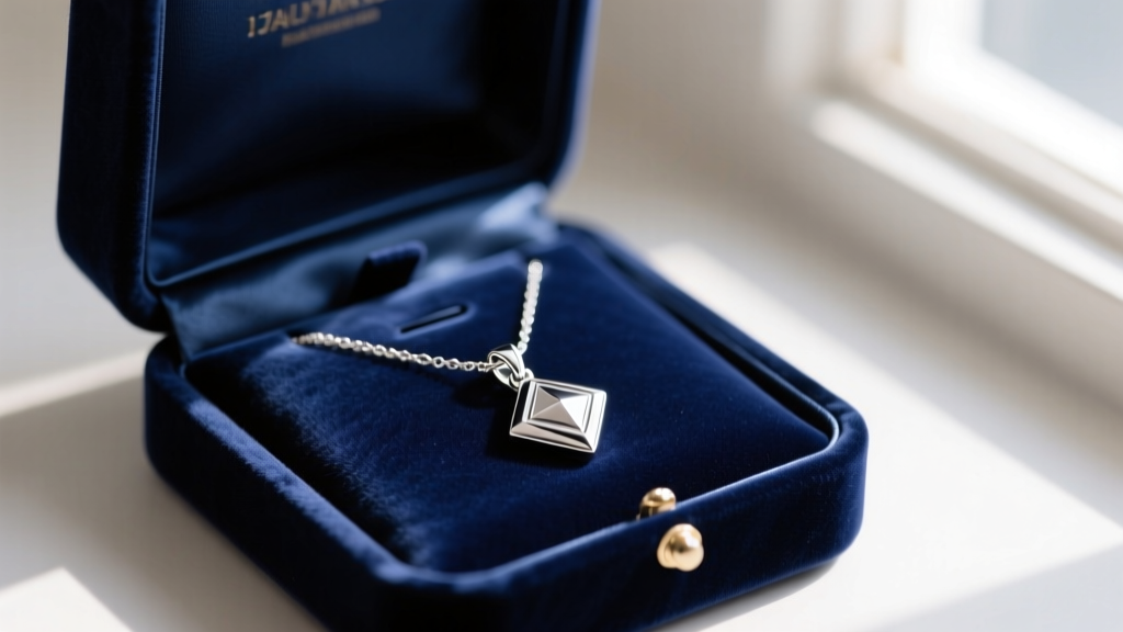 Open navy velvet jewelry box revealing a polished Italian 925 silver pendant necklace, presented as a romantic anniversary gift