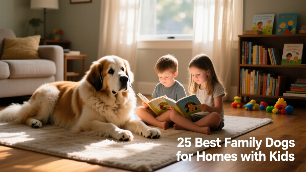 A massive, calm Newfoundland lying patiently beside two small children reading books on a living room rug