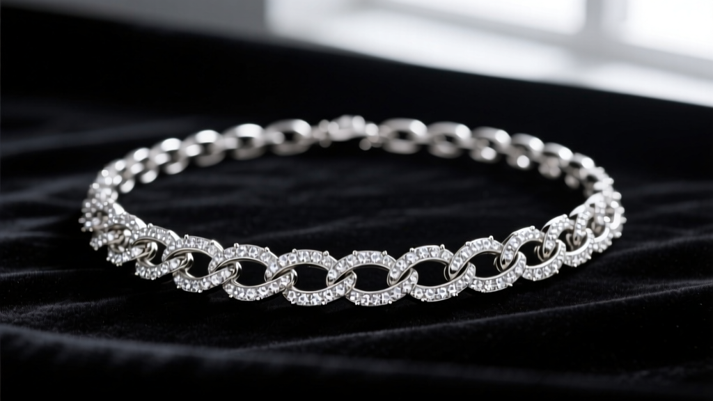 Macro shot of a Jay Flex sterling rhinestone necklace showing articulated links and pave crystals on dark velvet fabric background