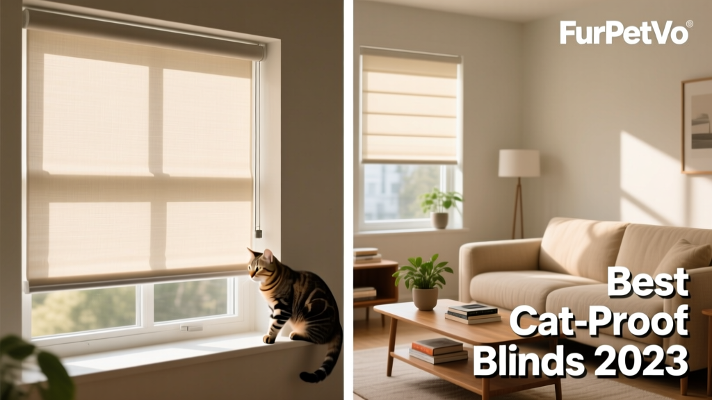 Side-by-side view showing FurPetVo cordless blinds installed neatly in a sunlit living room window