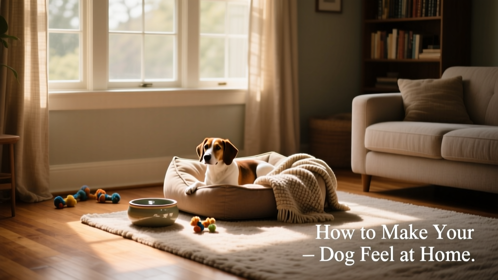 A calm, well-lit living room with a dog bed, water bowl, and soft blanket in a quiet corner