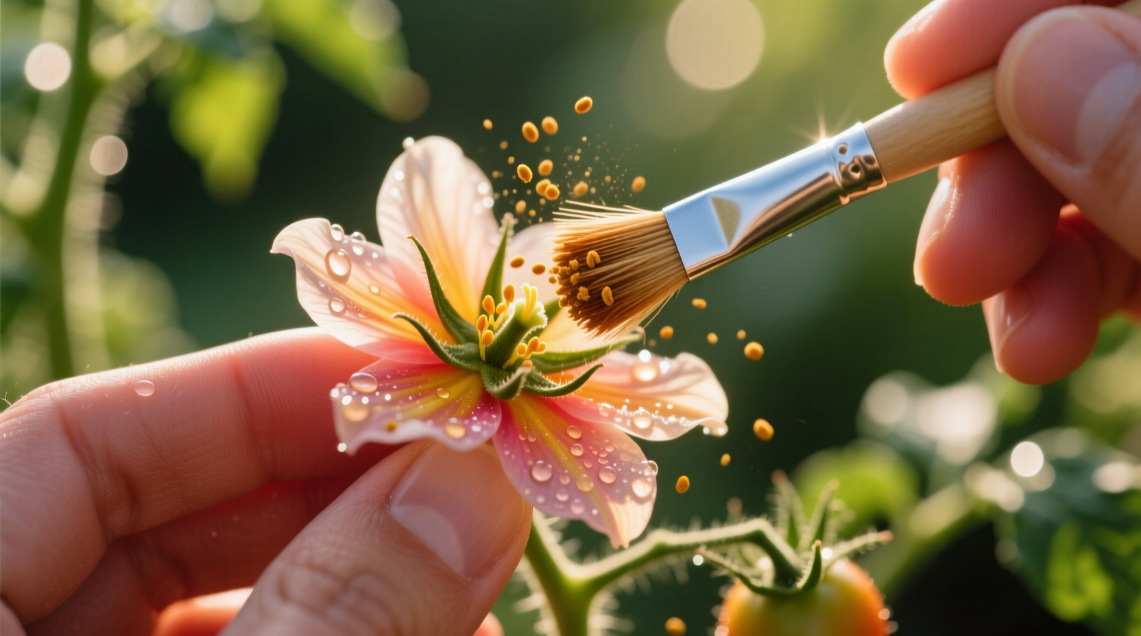 Close-up of hand pollinating tomato flower with brush