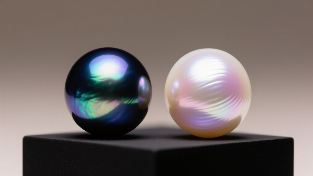 Macro shot comparing the iridescent nacre of a dark Tahitian pearl against a pale freshwater pearl under soft studio light