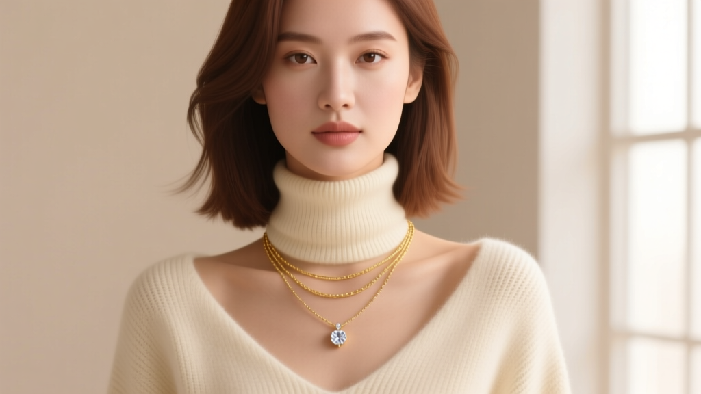 Woman in cream turtleneck wearing a delicate 14k gold layered necklace set with a small bezel-set diamond pendant in soft light