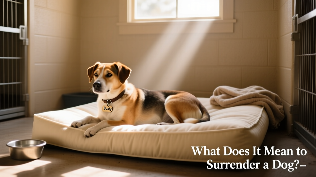 A calm, well-lit shelter kennel with a friendly-looking dog resting on a soft bed