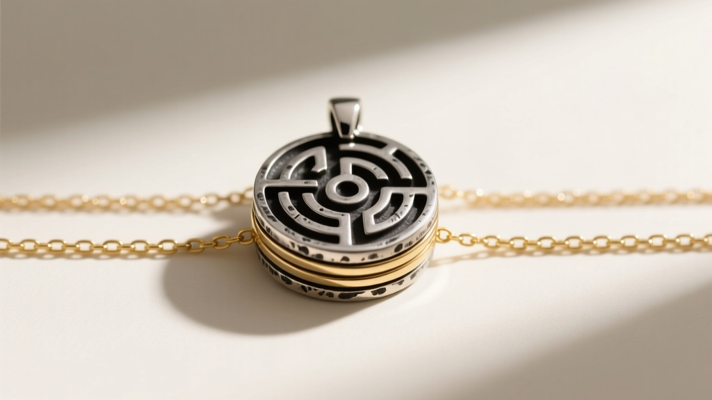 Close-up of a layered stack featuring a 20mm oxidized silver labyrinth pendant flanked by two delicate 14k gold satellite chains.