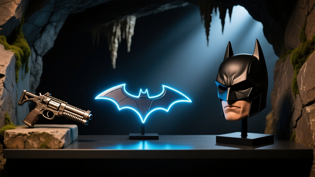 A dimly lit Batcave display shelf featuring a glowing LED Batarang, a die-cast grapple gun, and a high-end cowl replica.
