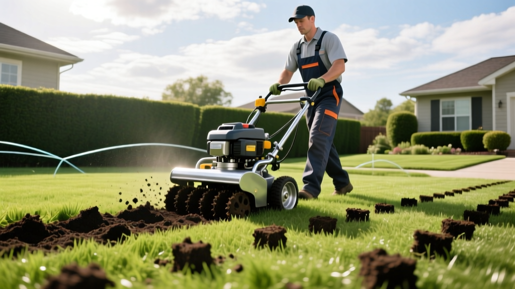 Lawn care professional using a mechanical core aerator to pull soil plugs from a residential turf