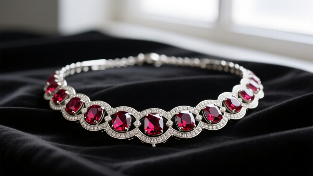 Art Deco vintage ruby necklace with platinum milgrain settings and calibré-cut Burmese rubies resting on dark black velvet fabric