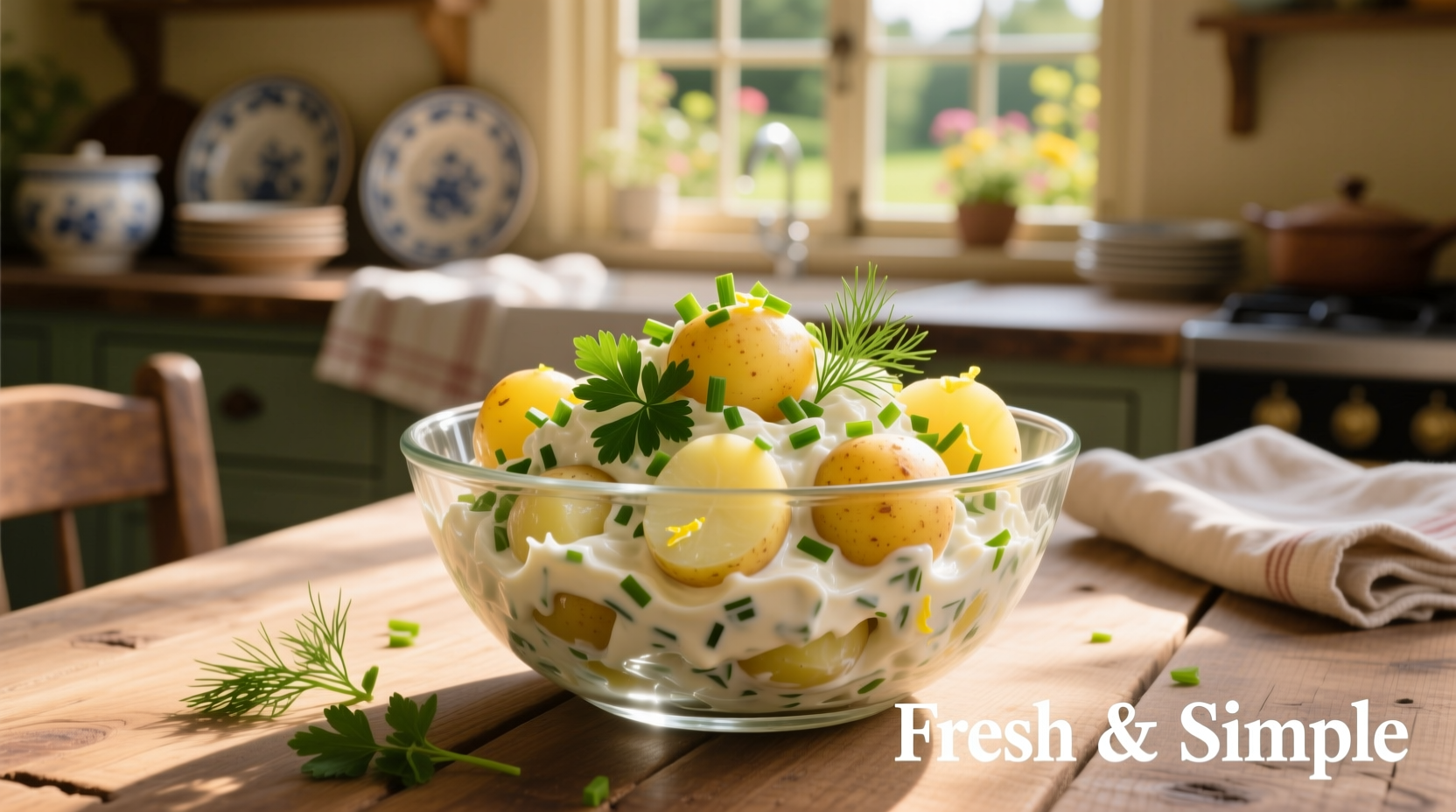 Creamy potato salad with fresh herbs in glass bowl