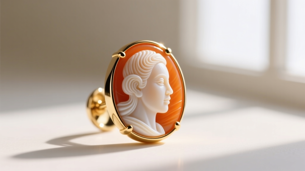 Macro shot of a hand-carved shell cameo earring in an 18k gold bezel, highlighting the vibrant orange and white layer contrast.