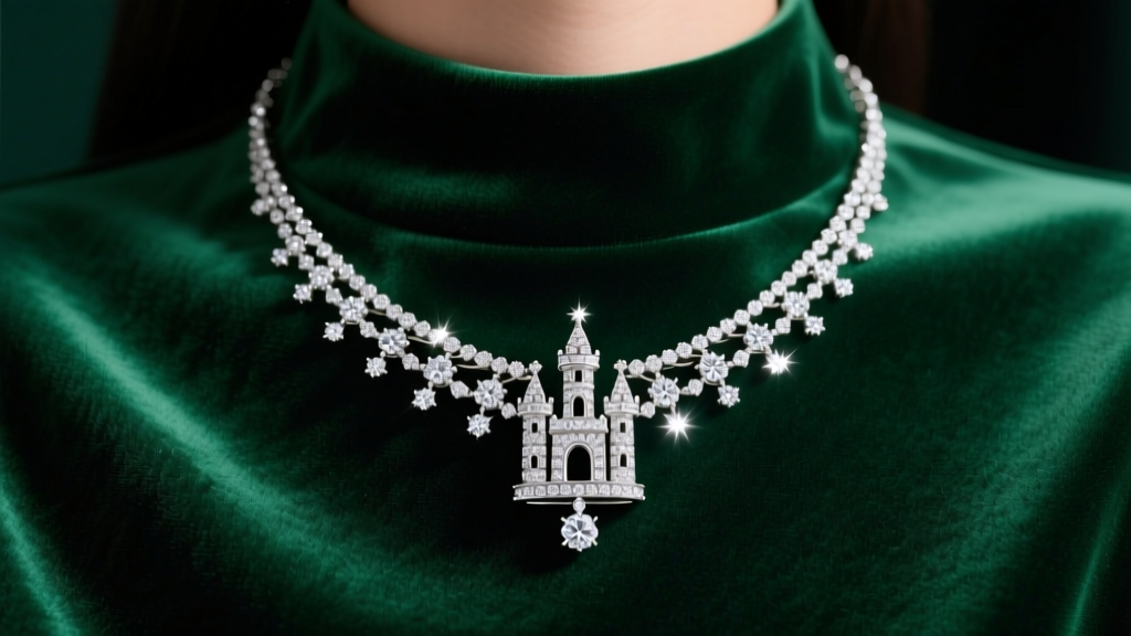 Woman wearing an 18k white gold diamond castle pendant necklace against dark emerald velvet, soft studio lighting on the pavé