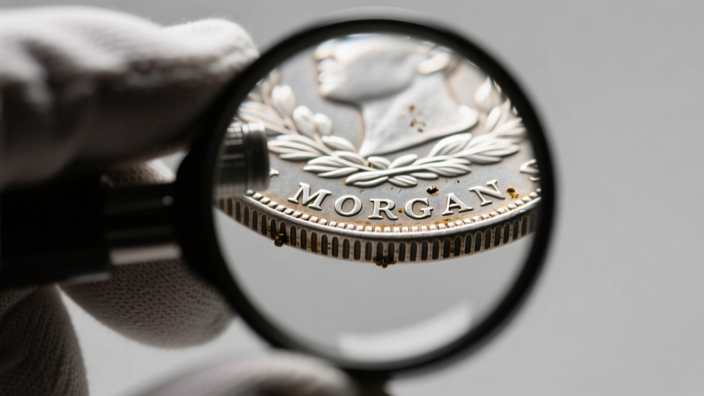 Loupe examining the reeded edge of a vintage silver Morgan dollar for solder damage and mint marks under bright LED lighting.