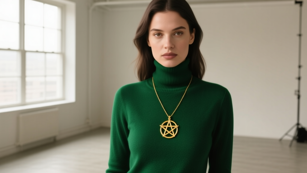 Woman wearing a delicate 14k gold necklace pentagram over a dark green turtleneck, showcasing minimalist alternative fashion.