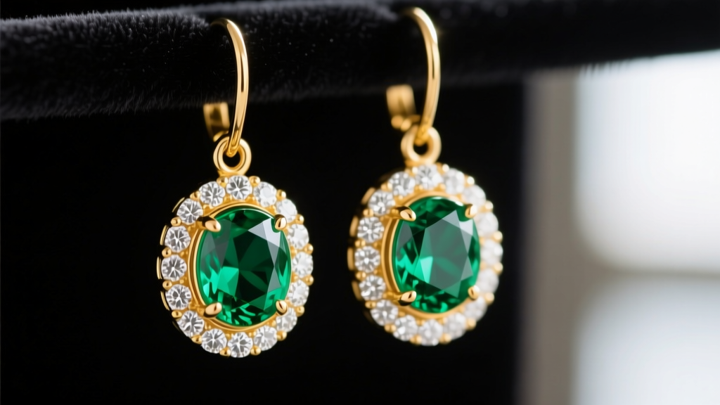 Macro photography of 18k yellow gold drop earrings featuring vivid Colombian emeralds surrounded by diamond halos on dark velvet