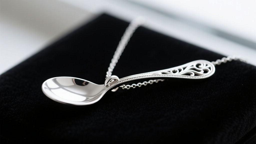Close-up of sterling silver stash necklace with spoon pendant on dark velvet, showing the hollow bowl and intricate handle details.