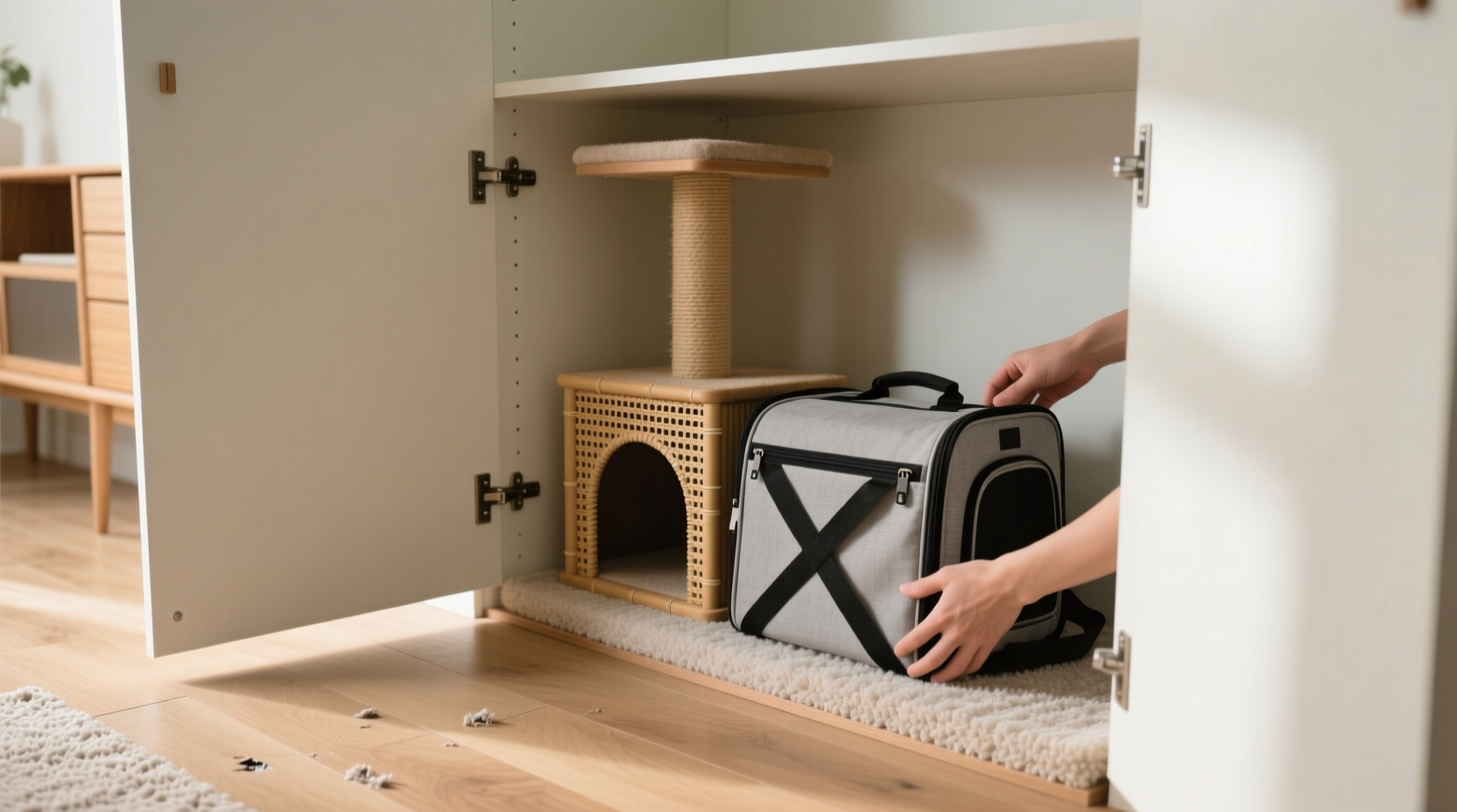 closet organization tips for cat trees carriers