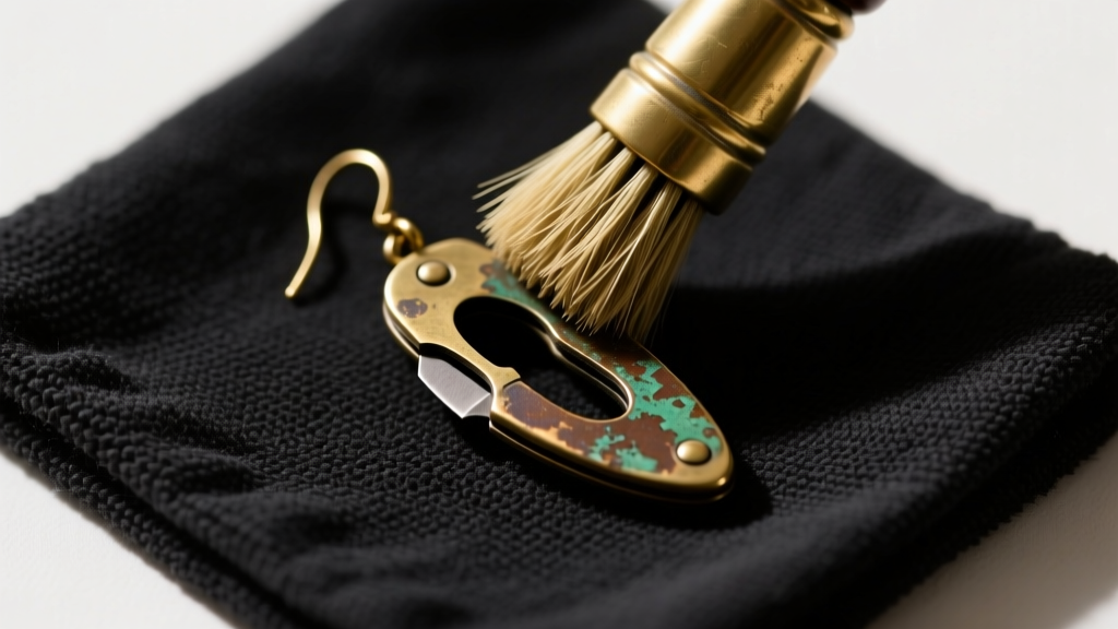 Top view of a brass brush scrubbing crevices of a tarnished pocket knife earring resting on a dark microfiber cloth.