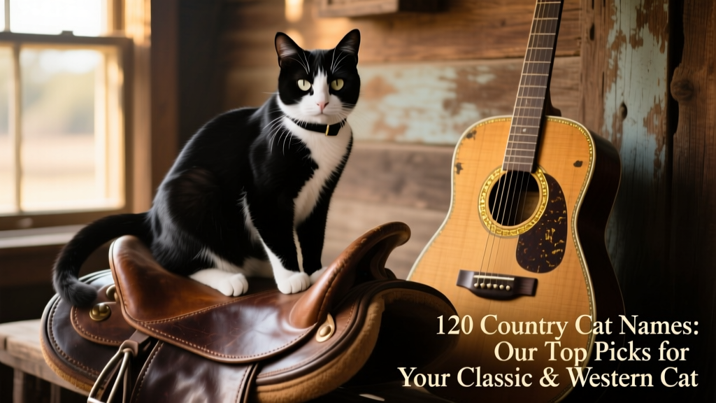 A sleek black-and-white tuxedo cat perched on an antique leather saddle beside a vintage guitar
